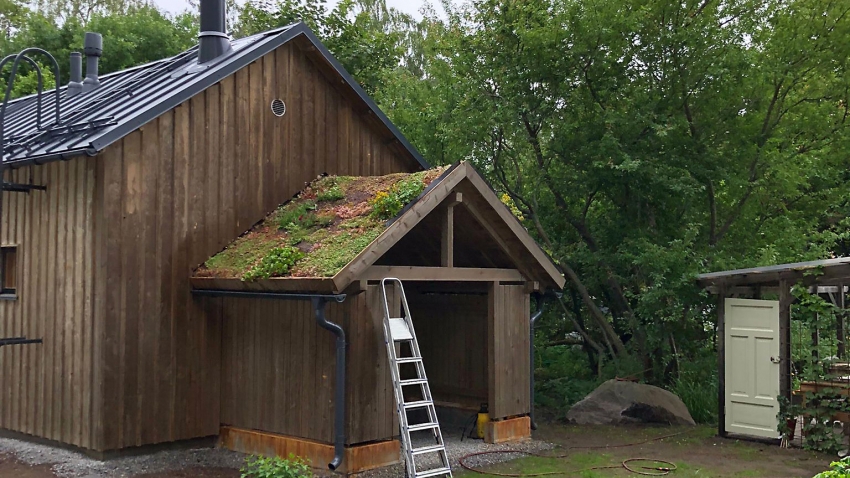Valmis asennettu Nordic Green Roof maksaruohoviherkatto biomoduuleilla. Asennnuksen on suorittanut Eg-Trading Oy.