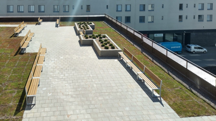 Helsingin kielilukion terassille on asennettu Nordic Green Roof maksaruohoviherkatto. Työn on toteuttanut Eg-Trading Oy.