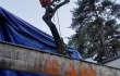Puuta poistetaan kiipeilytekniikoita käyttäen rakennusten välissä. Työn suorittaja Eg-Trading Oy.